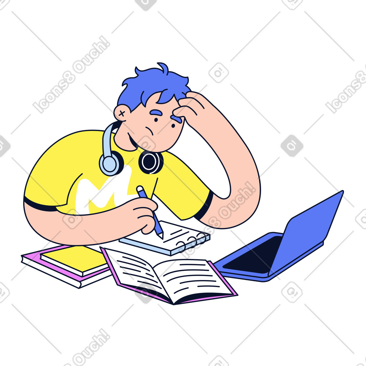 Focused student at desk with open notebook, Distance studying challenge illustration in Flexy style download in PNG, SVG