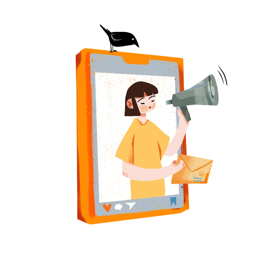 A woman holding a megaphone inside a phone - Ikigai style illustration