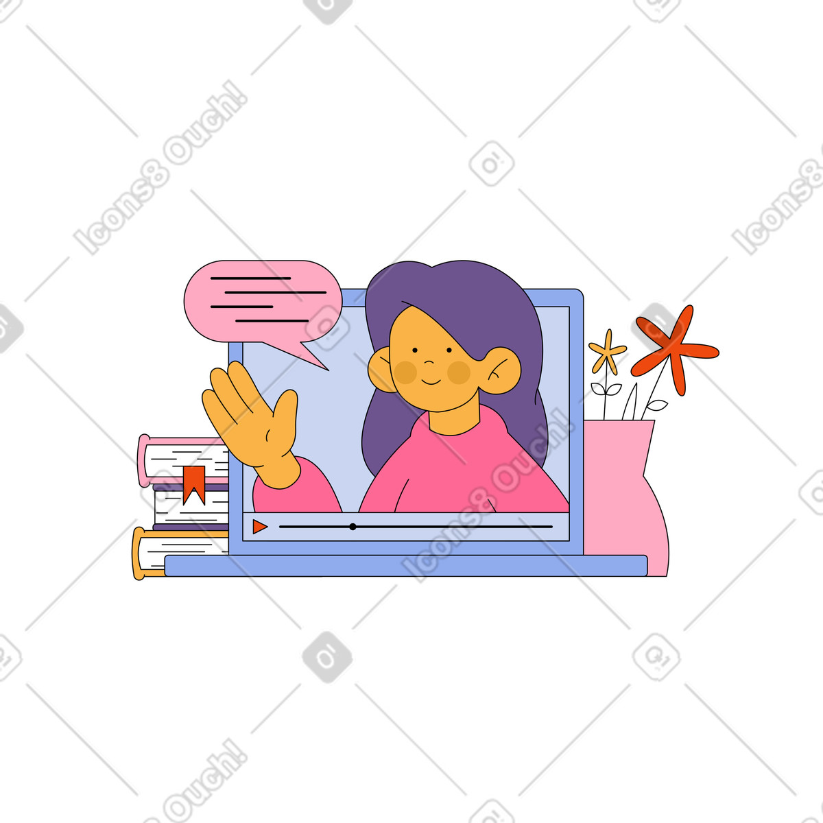 Woman hosting webinar on computer via online animated illustration in Bloom style download in GIF, Lottie (JSON), AE