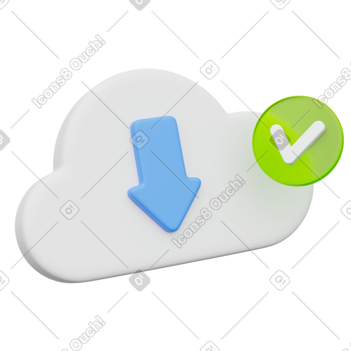 3D Playful スタイルの Cloud download icon showing successful file transfer with green checkmark のイラストをPNG、SVG形式でダウンロード