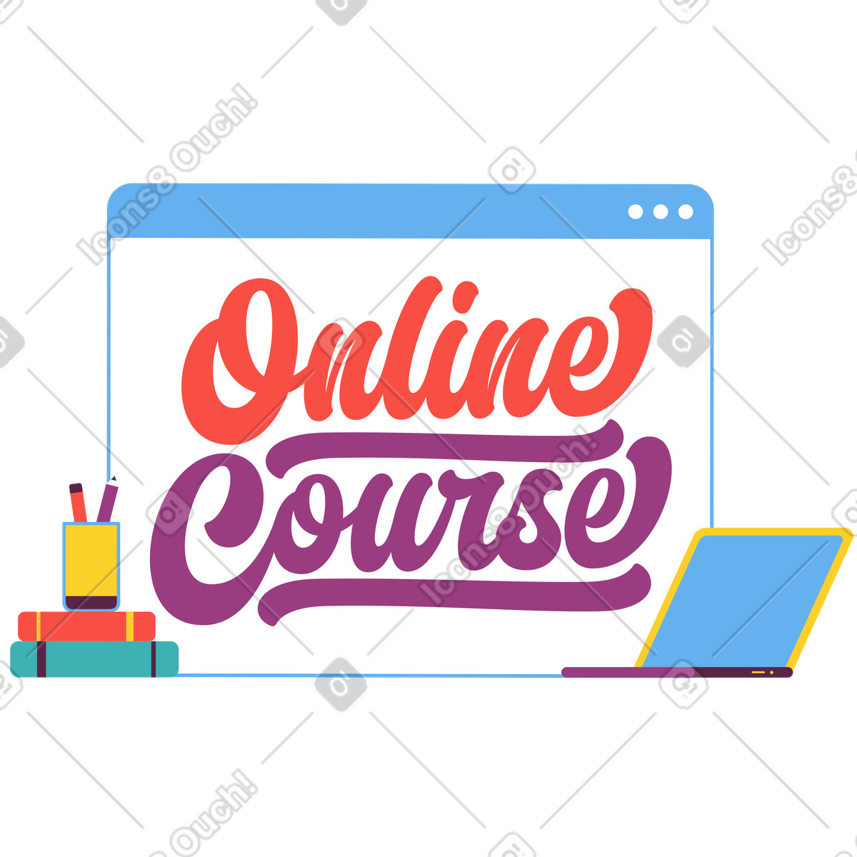 Colorful online course lettering on screen, Education platform concept illustration in Sammy style download in PNG, SVG