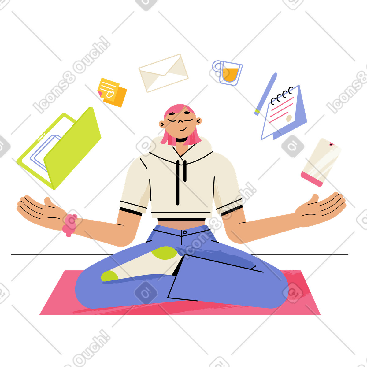 下载 Juicy 风格的 Office worker meditating with documents floating, Stress management and effective multitasking 动画插图，支持 GIF、Lottie （JSON）、AE 格式