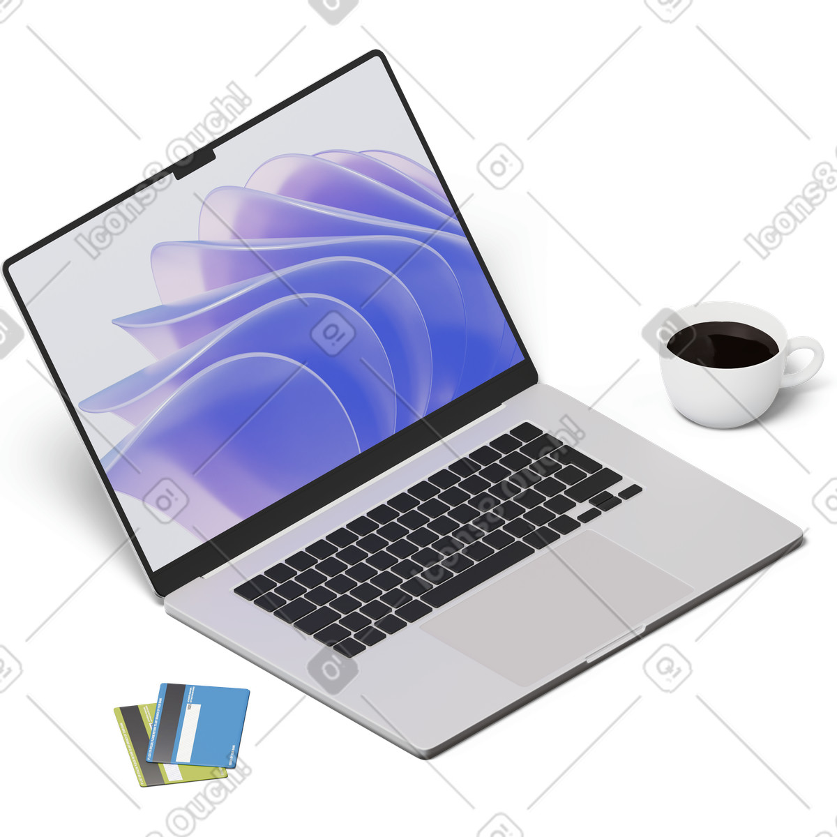 3D Hygge スタイルの Isometric view of laptop cup and two credit cards のイラストをPNG、SVG形式でダウンロード