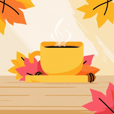 A warm cup of coffee surrounded by autumn leaves on a wooden table