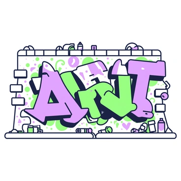 A city wall is covered in graffiti featuring various colorful designs and unique illustration fonts. The wall has a rough texture, showcasing the contrast between the paint and the brick surface. Among the graffiti, there are large, bold letters spelling out "ART" prominently in the center. Surrounding these letters are various abstract shapes and symbols, all contributing to a lively atmosphere. The ground in front of the wall is littered with spray paint cans and brushes, suggesting recent artistic activity.