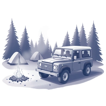 A Range Rover is parked beside a neatly arranged campfire, with flames flickering and smoke rising into the air. The vehicle is positioned on a forest floor covered with fallen leaves and patches of grass. Nearby, there are several tents set up, each with distinctive shapes and colors, surrounded by tall, dense trees that form a natural backdrop. The scene depicts a tranquil outdoor setting, with the campfire providing a warm glow that contrasts with the dark silhouettes of the trees.