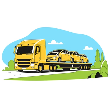 A large transport truck driving down a highway, with a flatbed trailer loaded with several new cars. The truck has a bright yellow cab with black accents, showcasing its powerful build. The cars on the trailer are sleek and shiny, reflecting light as they are secured in place. The highway stretches into the distance, flanked by green grass and occasional trees. A clear blue sky fills the background, enhancing the sense of an open road.