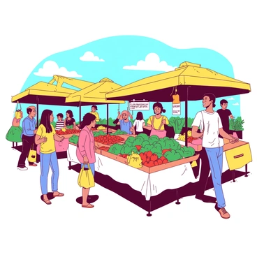 A bright yellow farmers market is filled with various stalls displaying an array of colorful produce. There are vibrant green leafy vegetables, plump red tomatoes, and orange carrots neatly arranged on the tables. Cheerful vendors are interacting with customers, some gesturing as they discuss their fresh offerings. In the background, a blue sky is visible, and a few fluffy white clouds drift overhead. Shoppers are browsing the stalls, carrying reusable bags filled with fruits and vegetables, contributing to the lively atmosphere of the market.