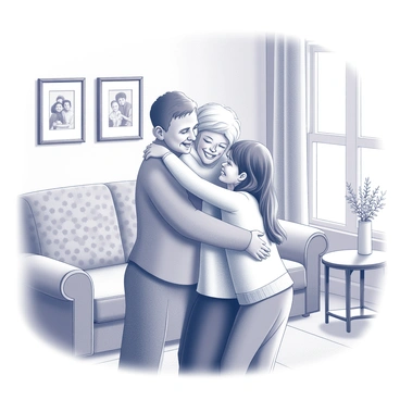 A cozy scene inside a traditional house. Two grandchildren are embracing their grandparents with warm hugs. The children are smiling, showing joy as they wrap their arms around the older couple. The grandparents are dressed in casual, comfortable clothing. The room is filled with homey details, such as a patterned sofa, framed family pictures on the walls, and a small table with a vase of flowers. Light is streaming in through a nearby window, creating a welcoming atmosphere.