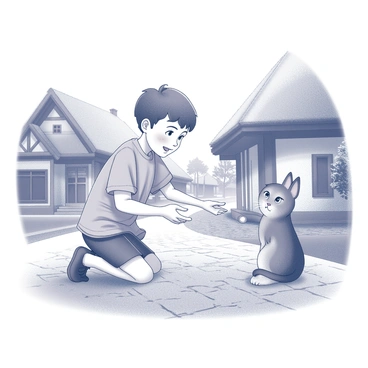 A young boy with short, dark hair is kneeling down on a cobblestone path in a village. He has a gentle expression on his face as he extends his hand toward a small, stray cat. The cat, sitting on the ground, has fluffy fur and wide eyes, appearing curious but calm. The setting includes traditional village houses in the background, with wooden beams and thatched roofs. There are a few trees nearby, providing a natural frame to the scene. The atmosphere feels warm and inviting, emphasizing the bond between the boy and the cat.