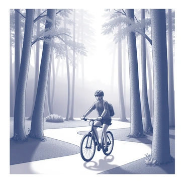 A person riding a bicycle. The cyclist is positioned on a narrow path that winds through a dense forest. Tall trees with thick trunks and a canopy of leaves surround the path. Sunlight streams through the branches, creating dappled patterns on the ground. The bicycle has thin tires and a simple frame, and the rider is wearing a helmet. Small plants and underbrush are visible along the edges of the path, enhancing the sense of being immersed in nature.