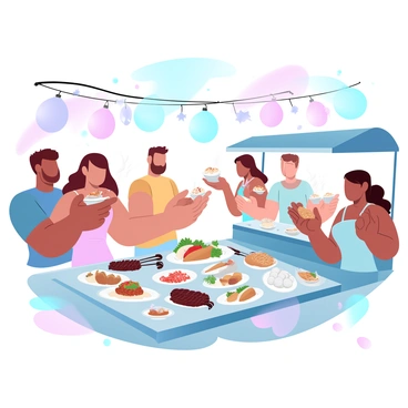 A group of tourists is sampling various dishes from local street food vendors at a bustling night market. The vendors have colorful food stalls decorated with string lights, and the air is filled with the aroma of grilled meats and spices. One vendor is serving skewers of meat, while another is handing out bowls of noodles. The tourists are holding different types of food, with expressions of delight as they taste the vibrant flavors. Various food items, such as tacos, dumplings, and fresh fruit, are on display, creating a lively and engaging atmosphere. Brightly colored lanterns hang overhead, illuminating the scene with a warm glow.