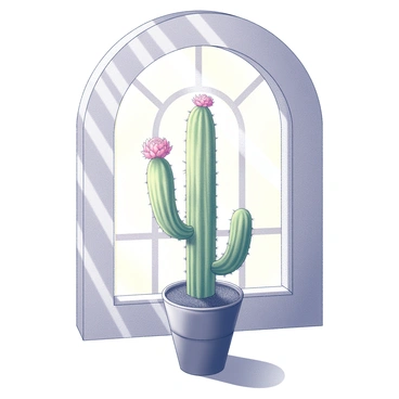 A cactus with a textured green surface is positioned in the center of a room. It bears a single vibrant flower at the top, adding a splash of detail. The cactus is framed by an arched window that features intricate designs around the edges. Sunlight streams in through the window, creating sharp contrasts and illuminating the cactus, casting delicate shadows on the surrounding surface. The scene captures the beauty of the plant in a warm, inviting atmosphere.