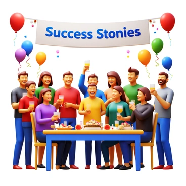 A celebration scene featuring a diverse group of individuals gathered together. These individuals are smiling and sharing their success stories about overcoming "gynecomastia". Some are raising glasses in toast, while others are animatedly talking in small groups. Balloons and streamers decorate the background, creating a festive atmosphere. A large banner reading "Success Stories" hangs overhead. The setting includes a table with a delicious assortment of refreshments and snacks. The lighting is warm and inviting, enhancing the joyful mood of the gathering.