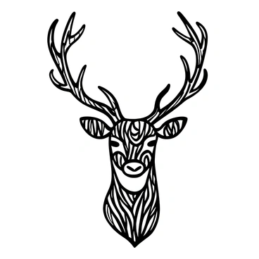 A deer's head is positioned centrally, showcasing a pair of elegant antlers that extend outward. The fur of the deer is adorned with "intricate, infinite swirling patterns" that cover its entire surface. The antlers exhibit a detailed texture, enhancing the overall complexity of the composition. The background remains simple to emphasize the detailed patterns and features of the deer's head.