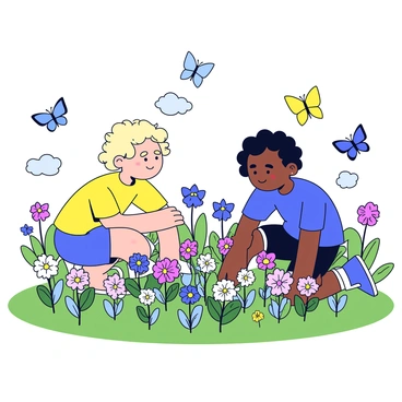 Two kids are exploring a lush garden filled with a variety of colorful flowers. One child has curly hair and is wearing a yellow t-shirt, while the other has straight hair and is dressed in a blue shirt. They are both crouched down, admiring the flowers up close. Around them, butterflies of different sizes and colors flutter among the blooms. The garden has green grass and a few trees in the background.