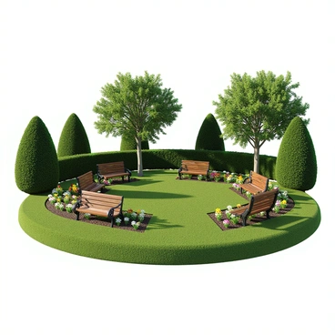 A peaceful garden located on the senate grounds, featuring well-maintained flower beds with a variety of colorful flowers including roses, daisies, and tulips. There are several wooden benches placed throughout the garden, offering a place for visitors to sit and relax. The grass is lush and green, providing a soft carpet underfoot. In the background, there are manicured hedges and a few tall trees providing shade, enhancing the tranquil atmosphere of the space.