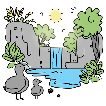 A pair of dodo birds admiring a beautiful waterfall in a serene jungle setting