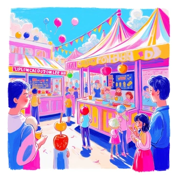 A carnival with booths selling colorful cotton candy and caramel apples