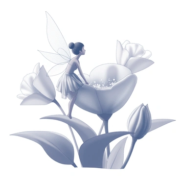 A fairy with delicate wings is perched on a dew-kissed petal of a large flower. The petal is shaped elegantly, with droplets of water glistening in the soft morning light. The fairy gazes outward, observing the horizon where the sun begins to rise, casting gentle light across the scene. Surrounding the petal are several green leaves, providing a natural backdrop. The atmosphere feels tranquil, with the soft outlines of other flowers in the background.