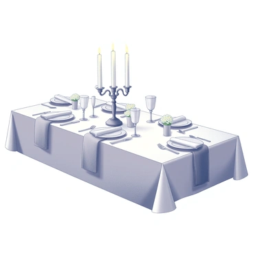 A dining table set for an intimate dinner. The table has a smooth surface covered with a white tablecloth. Atop the table, a series of elegant candles are arranged, creating a warm glow. Small arrangements of "daisies" in simple vases are placed at intervals along the table. The settings include neatly folded napkins, shining silverware, and glassware ready for use. The overall composition creates a cozy atmosphere perfect for a romantic meal.