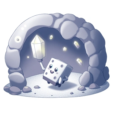 A small sponge character going on an adventure through a mysterious cave filled with glowing crystals.