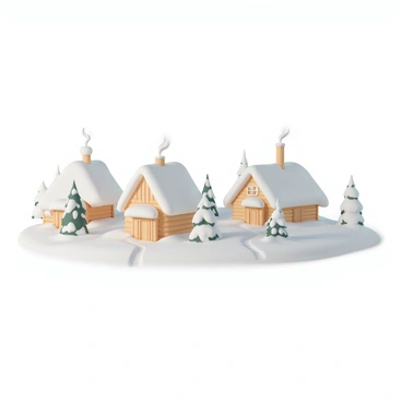 A small northern village, featuring several quaint wooden houses with snow-covered roofs. The roofs are thickly blanketed with glistening white snow, reflecting the light of a clear sky. Wisps of smoke curl upwards from the chimneys of the houses, indicating warmth and activity inside. The ground is also covered in a layer of untouched snow, with small footprints leading from one house to another, suggesting the presence of villagers going about their daily routines. Pine trees dusted with snow surround the village, creating a peaceful and picturesque winter scene.