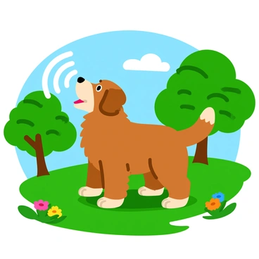 A brown dog with a fluffy coat is barking in a vibrant green park. The dog stands on all fours with its mouth open, creating visible longitudinal sound waves that are illustrated as wavy lines emanating from its mouth. The background shows lush trees with bright green leaves and a clear blue sky. A few colorful flowers are scattered across the grass, enhancing the lively atmosphere of the park.