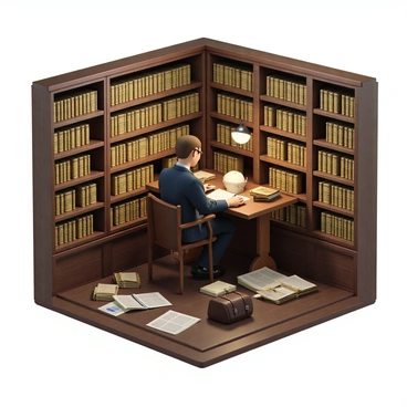 An investigator with short brown hair and glasses is seated at a wooden table in a library. He is wearing a dark blue blazer over a white shirt, and a brown leather satchel is placed beside him. Surrounding him are tall stacks of old books with worn spines and yellowed pages, some open and some closed. There are scattered documents and papers across the table, and a small reading lamp casts a warm glow over the scene. The investigator is intently examining a particular document, with a pen in hand, and the walls of the library are lined with shelves filled with more books.