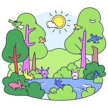 A vibrant forest scene filled with tall green trees and dense bushes. Small animals such as squirrels and rabbits are peeking out from behind the leaves, appearing to cheer. Birds are perched on branches, flapping their wings joyfully. Sunlight filters through the tree canopy, creating patches of light on the forest floor. Various shades of green dominate the surroundings, highlighting the lively atmosphere of the forest.