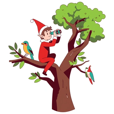 A red elf on the shelf is perched on a sturdy tree branch, intently birdwatching with tiny teal binoculars. The elf has pointed ears and a mischievous smile while dressed in a classic red outfit with a white collar. Surrounding the elf, the tree is full of vibrant green leaves, and a few colorful birds can be seen perched nearby, adding life to the scene. The elf's little hands are gripping the binoculars as it looks through them, scanning the area for birds, with a sense of excitement in its posture.