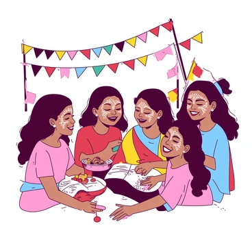 A group of children is gathered together, each with their faces painted in vibrant "ahki" patterns featuring intricate designs. The children are wearing traditional cultural clothing that showcases various colors. They are laughing and interacting with one another, holding small decorative items in their hands. In the background, there are colorful banners and flags fluttering, adding to the festive atmosphere of the cultural event.