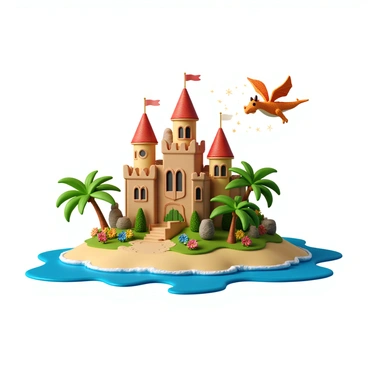A 3D render of a vibrant, cartoon-style island featuring a large, colorful castle with tall towers and flags waving atop. The castle has intricate designs on its walls, and its windows glimmer as if enchanted. Surrounding the castle are lush green trees and tropical flowers of various colors. In the sky above, a dragon with shiny scales and large wings is flying, leaving a trail of sparkling magic behind it. The island has sandy shores and gentle waves lapping at the coastline, giving a lively and whimsical feel to the scene.