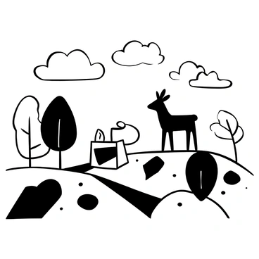 A landscape featuring various animals created from geometric shapes. A triangle-shaped deer stands beside a square-shaped rabbit, both positioned among stylized trees made from rectangles and circles. The ground is a mix of triangles and hexagons, creating a textured surface. Clouds made of overlapping circles float in the sky above, casting shadows on the ground.