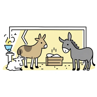 A donkey with gray fur stands beside a calf with brown spots in a stable. Both animals have their heads turned towards "baby Jesus," who is wrapped in a soft white cloth and lying in a wooden manger. A sheep with fluffy white wool sits quietly in the corner, watching. The warm light from a nearby oil lamp casts soft shadows, highlighting the animals' expressions of "awe and curiosity." The stable is made of wooden beams with hay scattered on the ground.