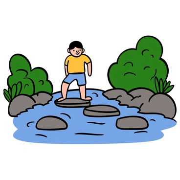 A tranquil river with clear water flowing over smooth stones. There are several large stepping stones arranged across the river, some partially submerged. A person with light skin and short dark hair is stepping onto one of the sinking stones, causing it to dip slightly into the water. The person is wearing blue shorts and a yellow t-shirt. Their expression shows concentration as they maintain balance while crossing. Surrounding the river are lush green plants and trees, providing a vibrant natural setting.