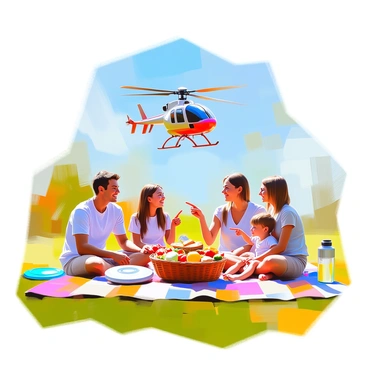 A family is enjoying a picnic on a large, green grassy area under a clear blue sky. They are seated on a colorful picnic blanket that is spread out on the grass. The family consists of two adults and two children, with a basket filled with various foods, including sandwiches, fruit, and snacks. Nearby, a frisbee lies on the ground, and there is a thermos of lemonade. Above them, an RC helicopter with a bright red body is flying, its rotor blades spinning, creating a contrast with the serene scene below. The children are smiling, pointing excitedly at the helicopter while the adults are engaged in conversation.