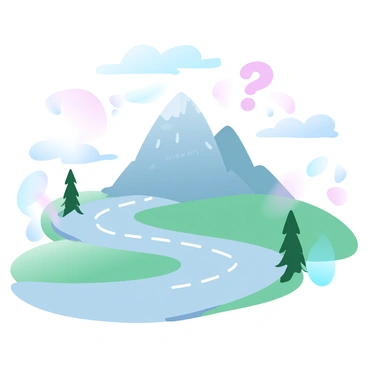 A winding road stretches through a lush landscape, leading towards a towering mountain prominently labeled "Answers". The mountain is detailed with rocky textures and greenery at its base. Above the road, various questions are illustrated as floating shapes and symbols, each distinct in design and color. The sky above is filled with soft, gradient pastel colors, creating a serene backdrop to this scene. The road is bordered by trees and gently rolling hills, adding depth and context to the composition.