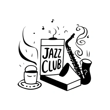 A matchbook with a vintage design sits prominently, displaying the words "Jazz Club" in elegant lettering. The matchbook features an illustration of a saxophone leaning against it, surrounded by swirling musical notes emanating from the instrument. The background includes subtle patterns reminiscent of Art Deco style, adding to the 1920s ambiance. A small candle is placed next to the matchbook, casting delicate shadows.