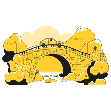 A car driving away over a quaint, stone bridge. The bridge features intricate stonework with archways and railings. Below the bridge, a gentle stream flows, reflecting the surrounding landscape. On either side of the bridge, lush greenery and wildflowers line the banks. In the background, soft hills rise against the horizon, completing the tranquil scene.