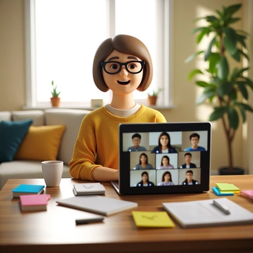 A person with short brown hair wearing glasses, sitting in a cozy home office. They have a bright smile on their face as they speak into a laptop that is open in front of them. The laptop screen displays a video call interface with visible participants. The desk is cluttered with colorful sticky notes, a notepad with handwritten notes, and a cup of coffee. Sunlight is streaming through a nearby window, creating a warm atmosphere.