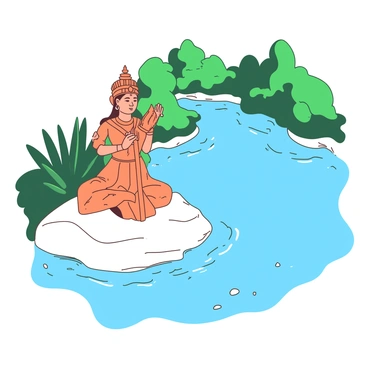 An orange onathappan figure is beautifully placed on a smooth white rock near a calm riverbank. The figure is adorned with traditional decorations, showcasing intricate details. The water of the river is clear, creating perfect reflections of the onathappan and the lush greenery surrounding the area. Gentle ripples are visible in the water, contrasting with the stillness of the scene. Tiny pebbles can be seen scattered on the riverbed beneath the surface.