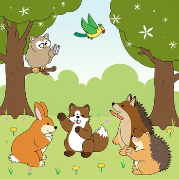 A group of five animals is gathered in a sunny clearing of an enchanted forest. There is a wise old owl perched on a low branch, wearing round glasses and holding a small notebook in its talons. A cheerful rabbit with long ears is sitting on the ground, its paws raised as it speaks animatedly. Next to the rabbit is a curious fox with a bushy tail, listening intently while tilting its head. A hedgehog, with its spiky back, is sitting upright, looking thoughtful and holding a tiny pencil. Finally, there is a colorful parrot flying above them, flapping its wings and adding comments with a bright smile. The surrounding trees have sparkling leaves, and the ground is dotted with colorful wildflowers, creating a magical atmosphere.