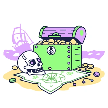 A pirate's treasure chest with a human skull adorned with jewels