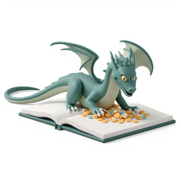 A large, detailed dragon with emerald green scales and fierce golden eyes is perched protectively over a shimmering treasure trove. The treasure includes gold coins, sparkling jewels, and ornate artifacts, all glittering under the light. The dragon's powerful wings are partially spread, showcasing intricate patterns on their surface. Its long tail curves elegantly out of the open book where the scene is depicted, suggesting a dynamic interaction with the viewer. The dragon's sharp claws are visible as it grips a pile of treasure, while its fierce expression conveys vigilance.