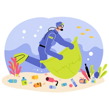 A scuba diver wearing a vibrant blue wetsuit is underwater, collecting waste from the ocean floor with a large green net. The diver has a black snorkel and goggles, and bubbles rise around them as they move. Various pieces of colorful debris, such as plastic bottles and cans, are scattered across the sandy seabed. Bright coral reefs and schools of small fish can be seen in the background, adding life to the underwater scene.