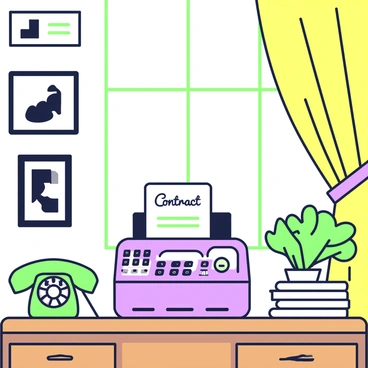 An old-school fax machine is positioned on a vintage wooden desk in a retro-styled office. The machine is characterized by its keypad and a small display, showing a paper emerging from its output tray. The printed contract features bold text that reads "Contract" at the top. Surrounding the fax machine, there are stacks of old files and a rotary phone with a circular dial. A large window is visible in the background, partially covered by yellowed curtains that filter the light into the room. The walls are adorned with framed black-and-white photographs and there is a potted plant next to the desk.
