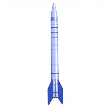 A detailed technical illustration of a missile is presented. The missile is vertical, showcasing its sleek fuselage, which tapers towards the nose. Various components are labeled, including the guidance system at the top, the explosive payload in the middle, and the propulsion system at the rear. The fins are extended outwards, each fin is distinctly detailed, illustrating their aerodynamic shape. The missile's surface features panel lines and rivets, highlighting its construction details. Overall, the composition provides a clear view of the missile's structure and functionality.