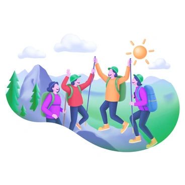 A group of four hikers standing at a scenic viewpoint with an expansive landscape in the background. They are smiling and raising their hiking poles in celebration. Each hiker is dressed in colorful outdoor gear, including a red jacket, a blue backpack, a green hat, and yellow trekking shoes. The viewpoint is surrounded by lush green trees and rocky formations. In the sky above, a few fluffy white clouds are visible. The sun casts warm light on the scene, highlighting the hikers' joyful expressions.