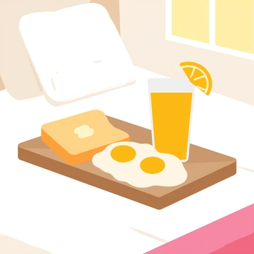 A wooden tray placed on a neatly made bed with a soft, light-colored blanket. The tray holds two slices of golden-brown toast with a pat of butter melting on top. Next to the toast, there are two sunny-side-up eggs with bright yellow yolks. A tall glass of vibrant orange juice is positioned on the tray, with a slice of orange resting on the rim. The background features a few fluffy pillows and a gentle morning light filtering through a nearby window.